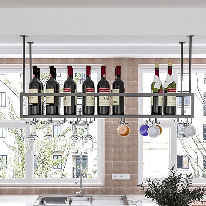 Hanging Black Wine Glass Holder Metal Wine Bottle Rack - Image 5