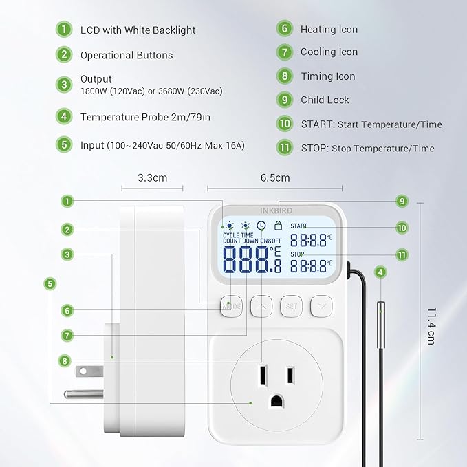INKBIRD Plug in Thermostat 15A 1800W, Programmable Heating Cooling Digital - Image 8