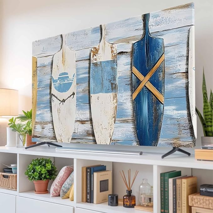 Ocean Nautical Theme Wood Grain Indoor TV Cover, Elastic TV Screen Protector by Unknown