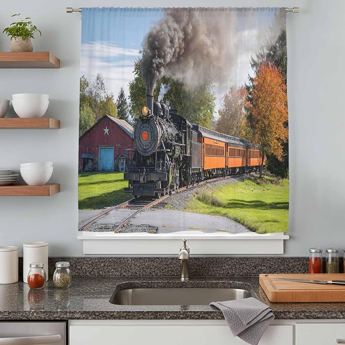 Steam Train Sheer Curtains 84 Inch Length Railroad Country Barn Rustic Trees - Image 8