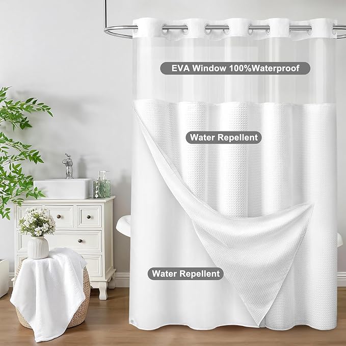 No Hook Shower Curtain with Fabric Liner White Hotel Waffle 75" L x 72" W - Image 6