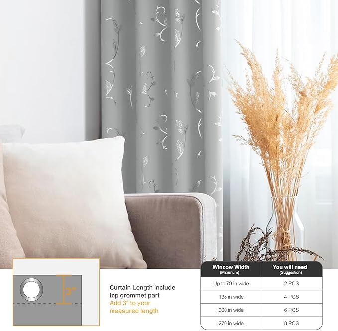 BUHUA Blackout Curtains 96 Inches Long, Vine Foil Print Pattern Room Darkening - Image 7