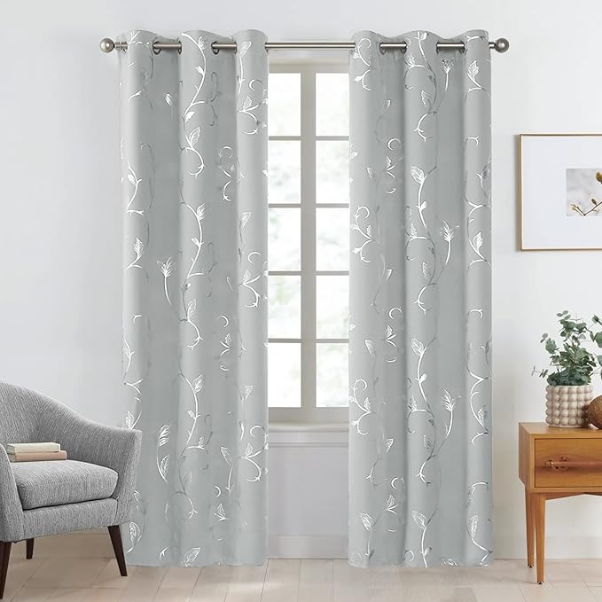BUHUA Silver Grey Blackout Curtain 2 Panel Set Vine Foil Print Thermal - Image 2