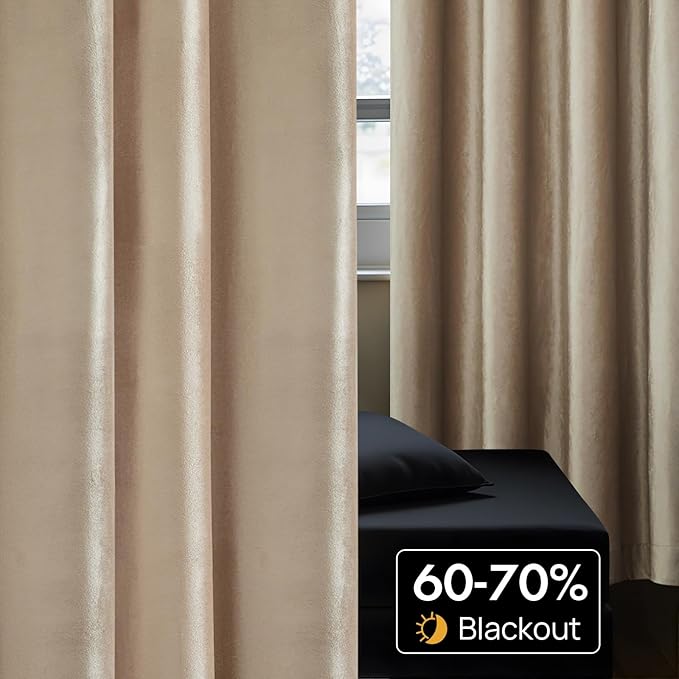 BULBUL Champagne Curtains 90 inch Length- 2 Panels Velvet Living Room Beige - Image 4