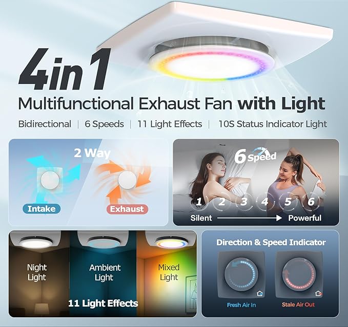 Bathroom Exhaust Fan with Light, 10 RGB Lights 3000 RPM Upgraded 2 Way 6 Speed - Image 2