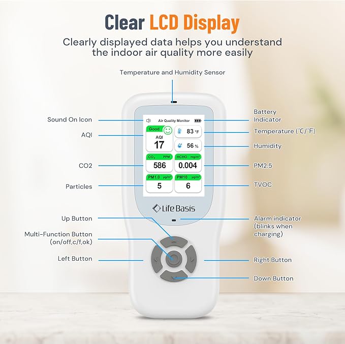 LifeBasis Air Quality Monitor Indoor, 10-in-1 Air Quality Detector - Image 5