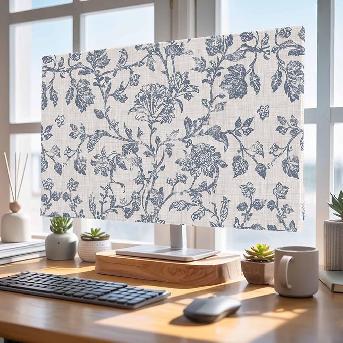 Rustic Blue Flower Leaves Sketch Indoor TV Cover, Elastic TV Screen Protector - Image 4