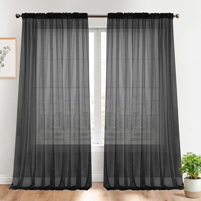 Dreaming Casa Solid Sheer Curtains 102 Inches Long Black Rod Pocket Voile by DreamingCasa