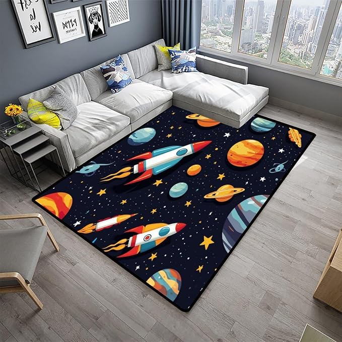 Shag Carpet, Rocket and Planet Pattern Printing Anti-Slip Backing Area Rugs - Image 2