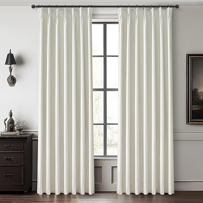 White Ivory Linen Curtains 90 Inches Long Pinch Pleated 100% Blackout Window by QJMYDECO