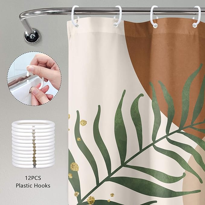 Brown Boho Mid Century Shower Curtain 60Wx72H Abstract Gold Leaves Plant Modern - Image 4