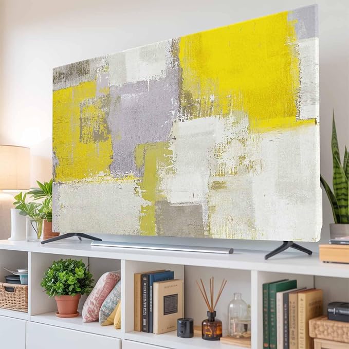 Abstract Yellow Gray Graffiti Indoor TV Cover, Elastic TV Screen Protector - Image 6