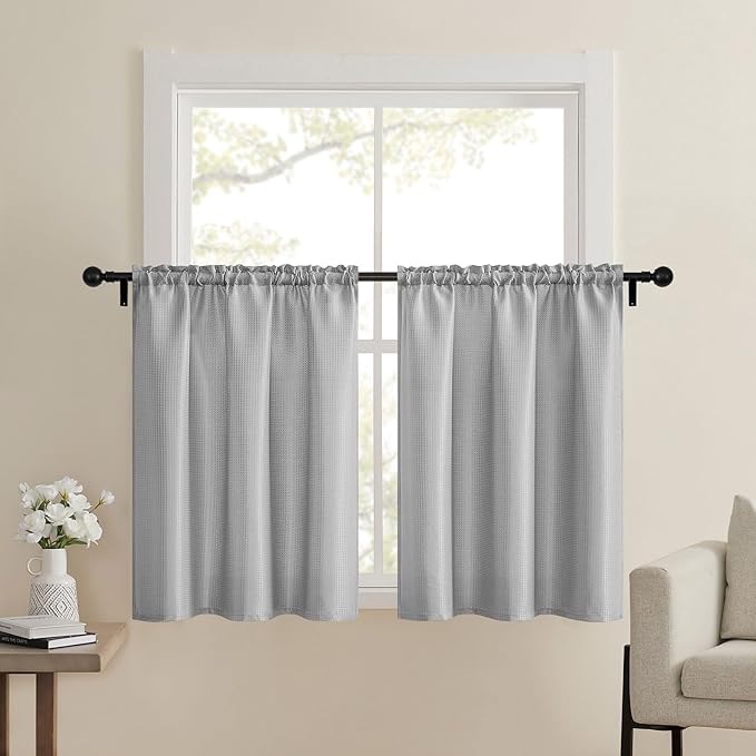 Home Queen Grey Waffle Bathroom Window Curtains, Short Water Repellent Rod by HomeQueen