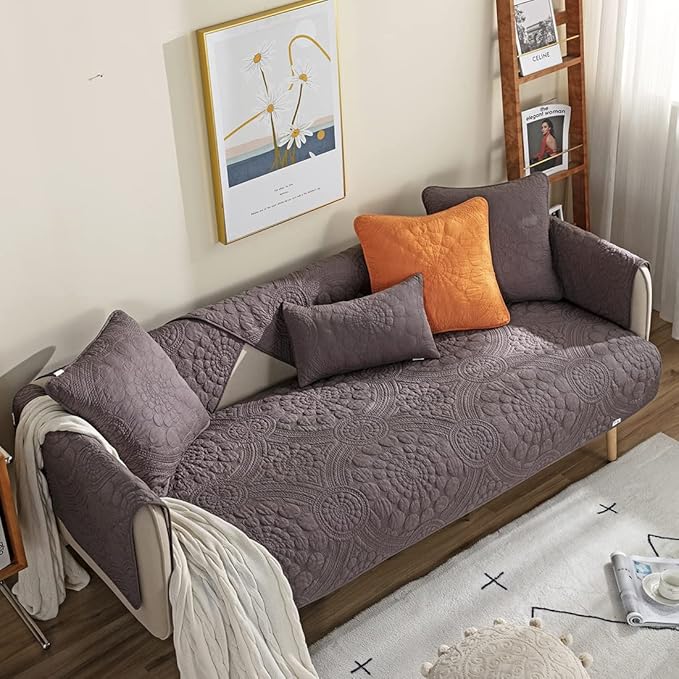 vctops Boho Circle Embroidery Couch Sofa Cover Solid Color Cotton Quilted - Image 4