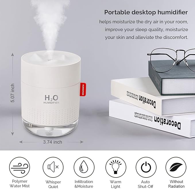 Portable Mini Humidifier, 500ml Small Cool Mist Humidifier, USB Personal - Image 2