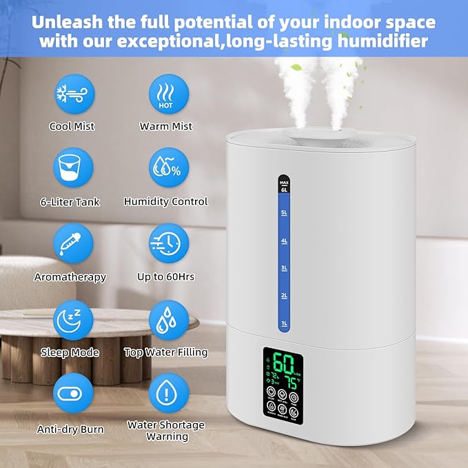 6L Humidifiers for Bedroom Large Room Home, Cool and Warm Humidifier for Baby - Image 4