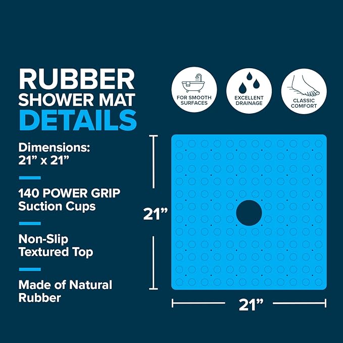 SlipX Solutions Square Natural Rubber Shower Stall Mat, 21” x 21”, Non Slip - Image 9