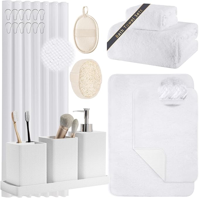 White Bathroom Set, Bath Towel Set, Natural Loofah Sponge, Soap Dispenser by LetUsMakeHomeYourFavoriteDestination