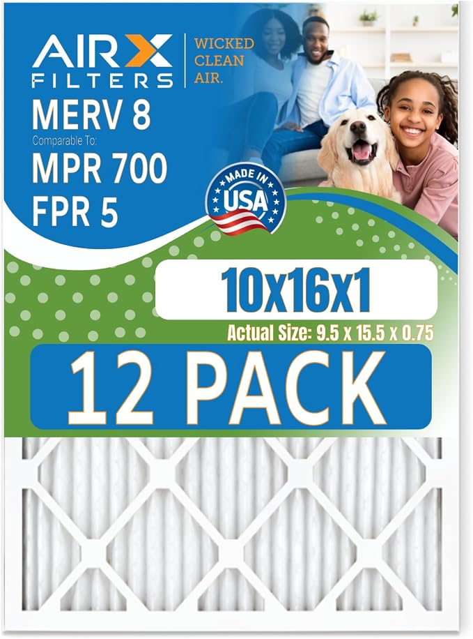 10x16x1 Air Filter MERV 8 Rating, 12 Pack of Furnace Filters Comparable to MPR by AIRXFILTERSWICKEDCLEANAIR