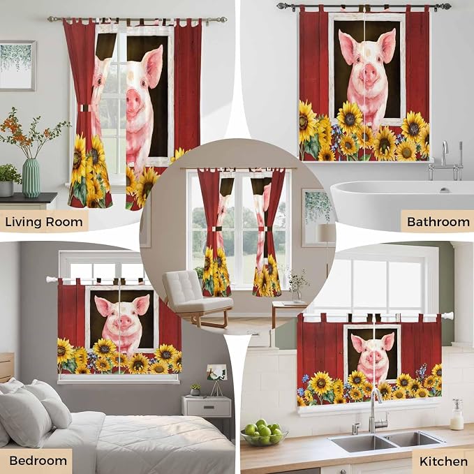 Pigs Sunflowers Bedroom Curtains 63 Inch Length, Window Curtains Tab Top - Image 7