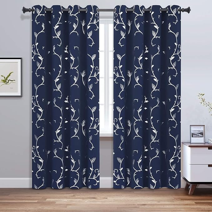 BUHUA Silver Print Blackout Curtain 2 Panel Set Vine Foil Print Thermal - Image 2