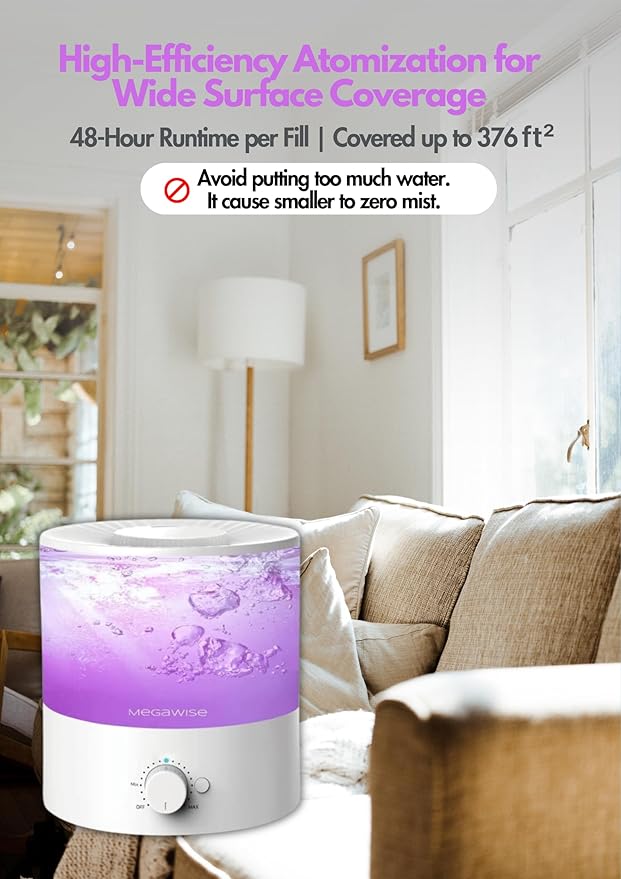 MEGAWISE Cool Mist Humidifiers for Bedroom, Office and Plants, 0.5 Gal - Image 4