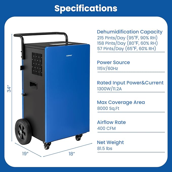 COSTWAY 215 Pint Commercial Dehumidifier, 000 Sq.Ft Industrial Dehumidifier - Image 5