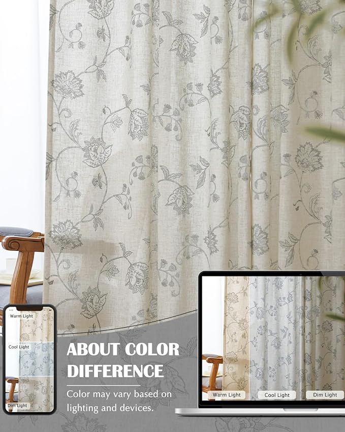 jinchan Linen Curtains Floral Curtains 63 Inch Length - Image 7