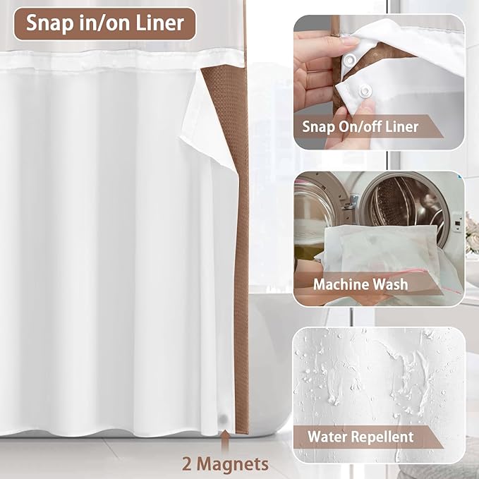 No Hook Shower Curtain and Liner Set, Mocha Brown Hotel Waffle Shower Curtain - Image 4