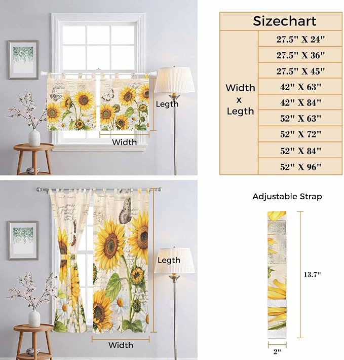 Yellow Sunflowers Kitchen Curtains 36 Inch Length, Small Window Curtains Tab Top - Image 8