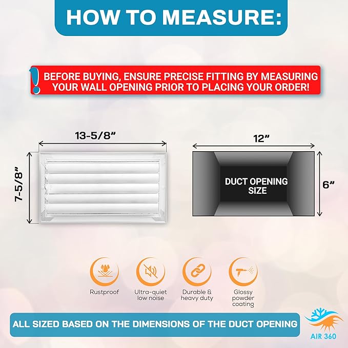 Aluminum 12 x 6 In Heater Vent Deflector Wall AC Grille – Premium Register Vent - Image 3