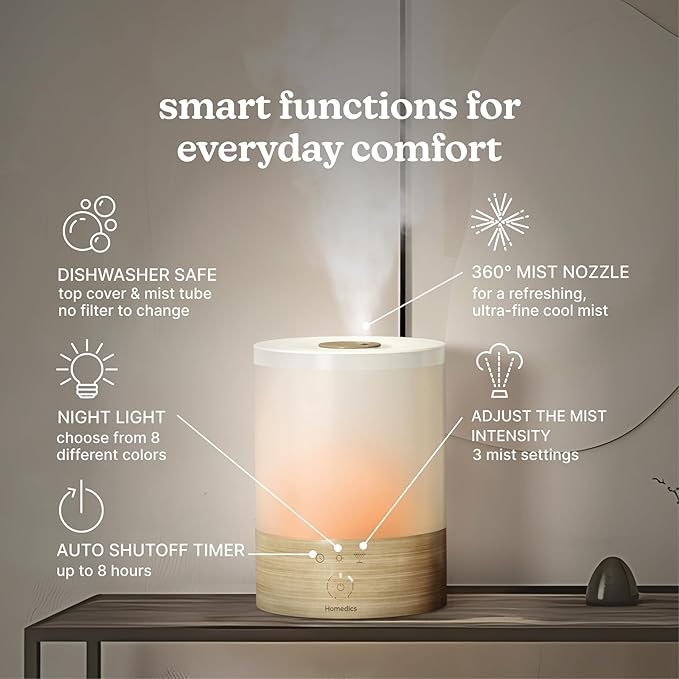 Homedics Cool Mist Ultrasonic Humidifier, 8-Colors Night Light, 0.66 Gal - Image 3
