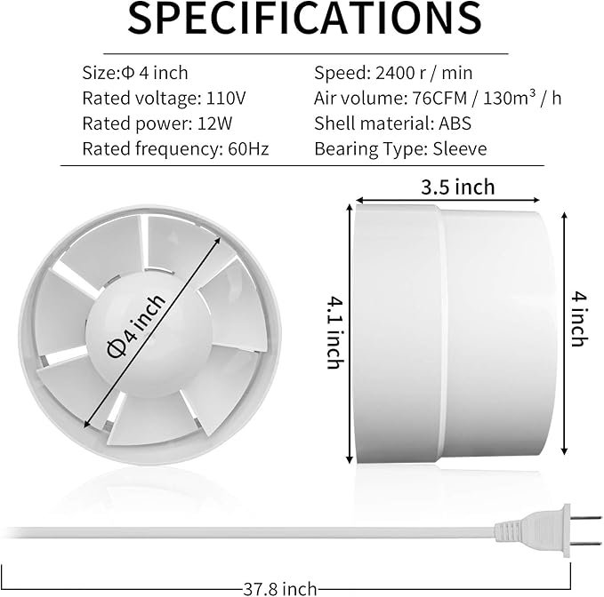 HUGOOME Inline Duct Fan 4 Inch Vent Booster, HVAC Exhaust Intake Fans 76 CFM - Image 3