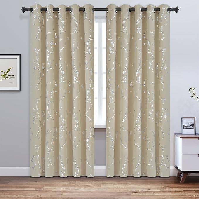 BUHUA Blackout Curtains Silver Foil Print Flower Vine Grommet Drapes, Room - Image 2