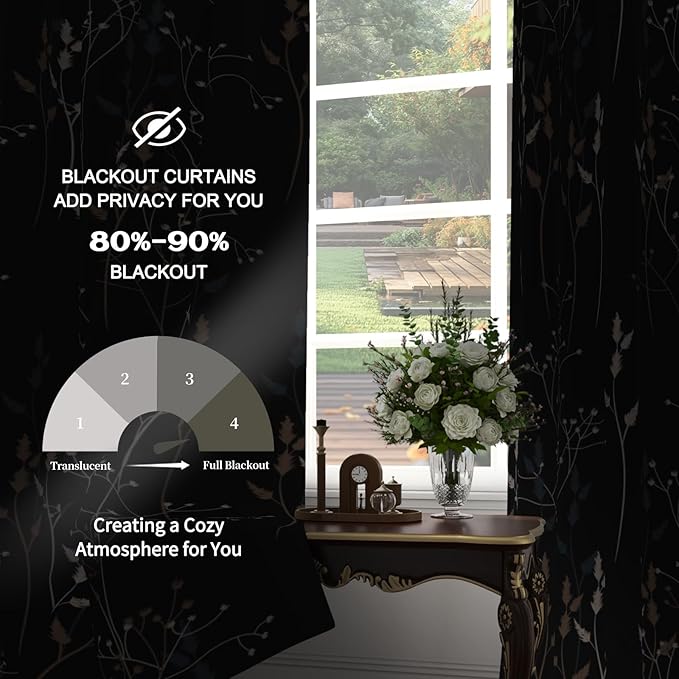 Black Leaves Blackout Curtains 63 Inch Length, Room Darkening Curtains - Image 4