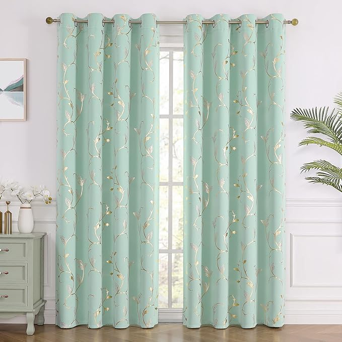 BUHUA Blackout Curtains Gold Foil Print Flower Vine Grommet Drapes, Room - Image 2