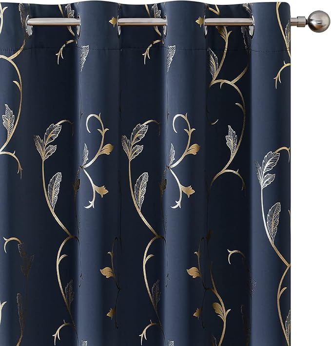 BUHUA Blackout Curtains Gold Foil Print Flower Vine Grommet Drapes, Room by BUHUA