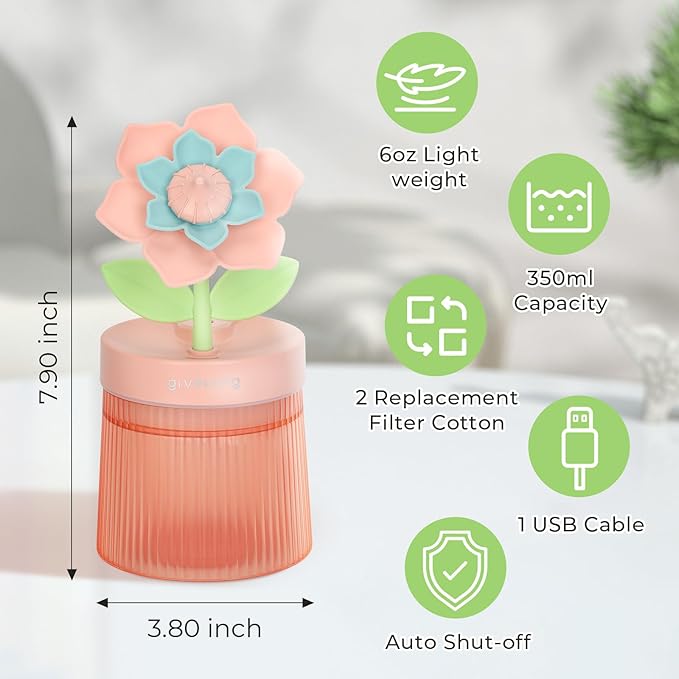 Cute Flower Mini Humidifier, 260ml Portable Small Cool Mist Humidification - Image 2