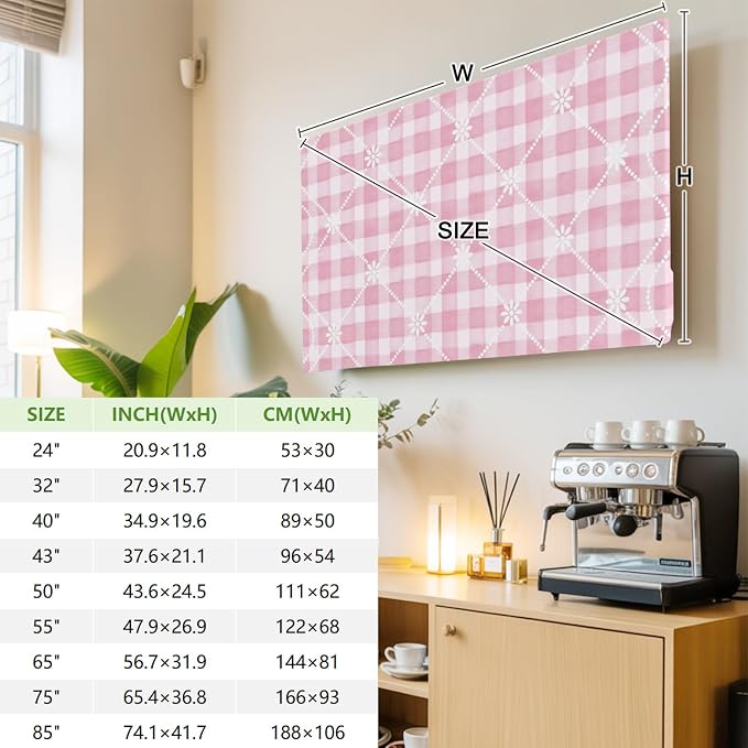 Pink Plaid Flower White Lattice Indoor TV Cover, Elastic TV Screen Protector - Image 4