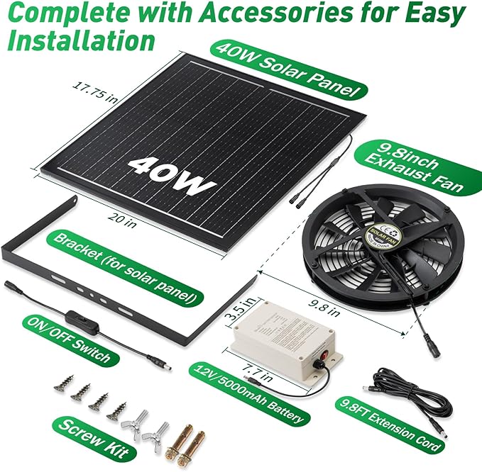 Solar Exhaust Fan with Battery, 40W 10" Solar Powered Fans - Image 8