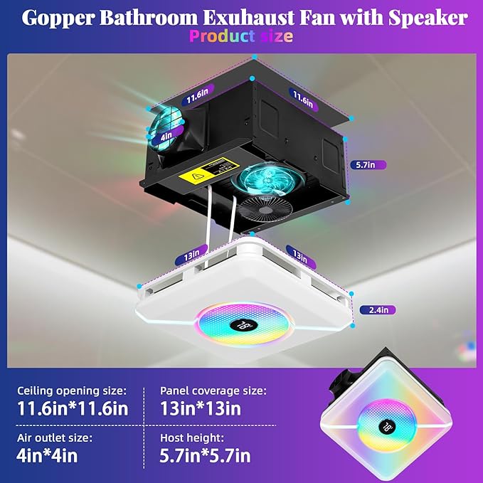 Bathroom Exhaust Fan with Speaker & Light Plug & Play, Dual Speakers, 230 CFM - Image 2