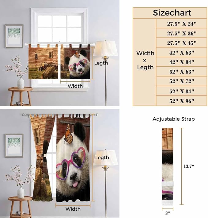 Farm Panda Bedroom Curtains 63 Inch Length, Window Curtains Tab Top, Farmhouse - Image 8