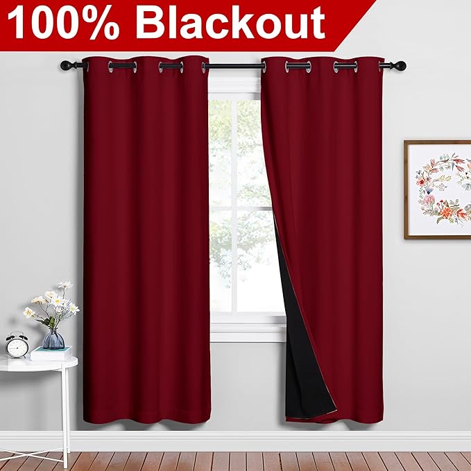 NICETOWN 100% Blackout Window Curtain Panels, Burgundy Red, 2 Pieces, 42-inch - Image 2