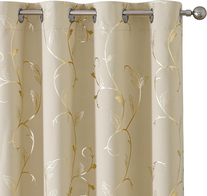 BUHUA Blackout Curtains Gold Foil Print Flower Vine Grommet Drapes, Room by BUHUA