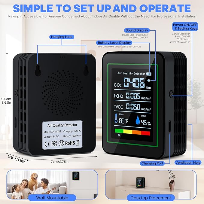 Indoor Air Quality Monitor, LXIANGN 5 in 1 Professional Air Quality Detector - Image 6