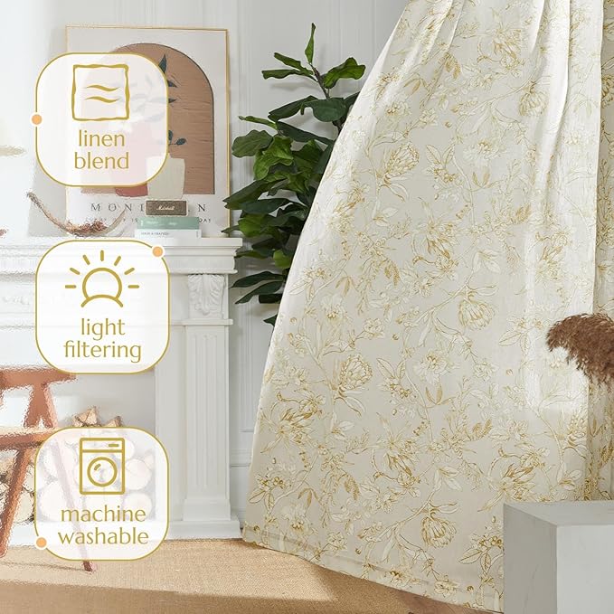 jinchan Floral Curtains 63 Inch Length Mustard Yellow Flower Linen Farmhouse - Image 8