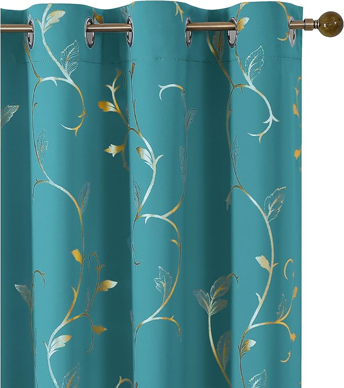 BUHUA Blackout Curtain 2 Panel Set Silver Vine Foil Print Thermal Insulated by BUHUA