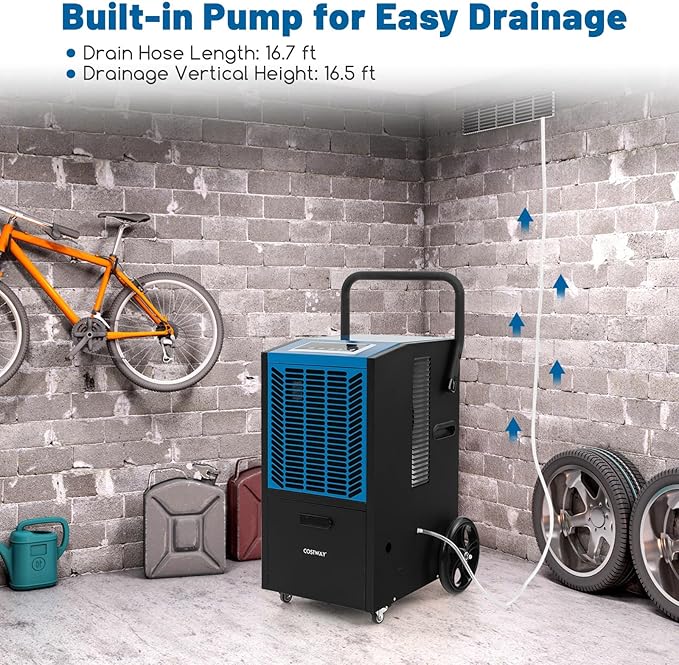 COSTWAY 163 Pints Commercial Dehumidifier, 4500 Sq.Ft Crawl Space Dehumidifier - Image 3