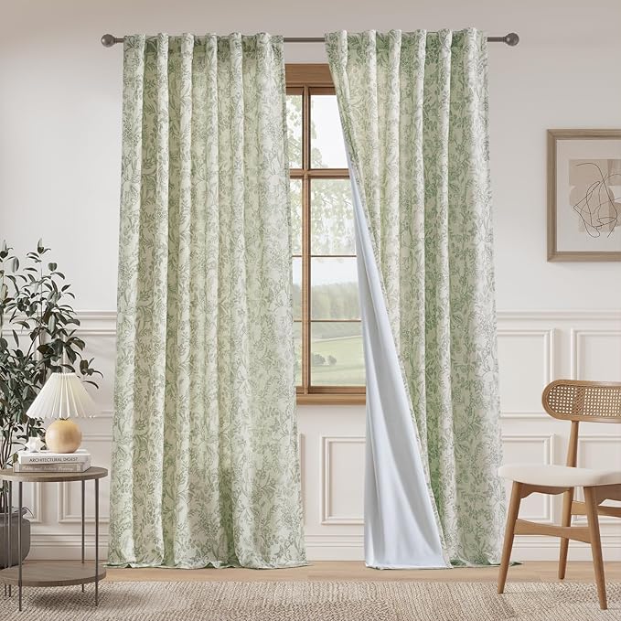 Vangao Lined Linen Curtains for Bedroom Floral Curtains 96 Inches Long Green - Image 2