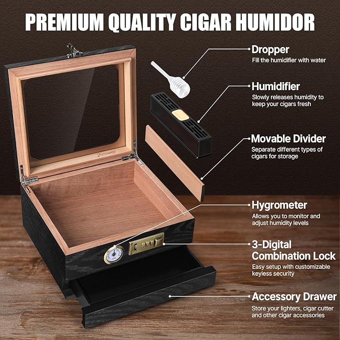 Cigar Humidor, Cedar Wood Humidor Cigar Box, Glass Top Desktop Humidor - Image 2